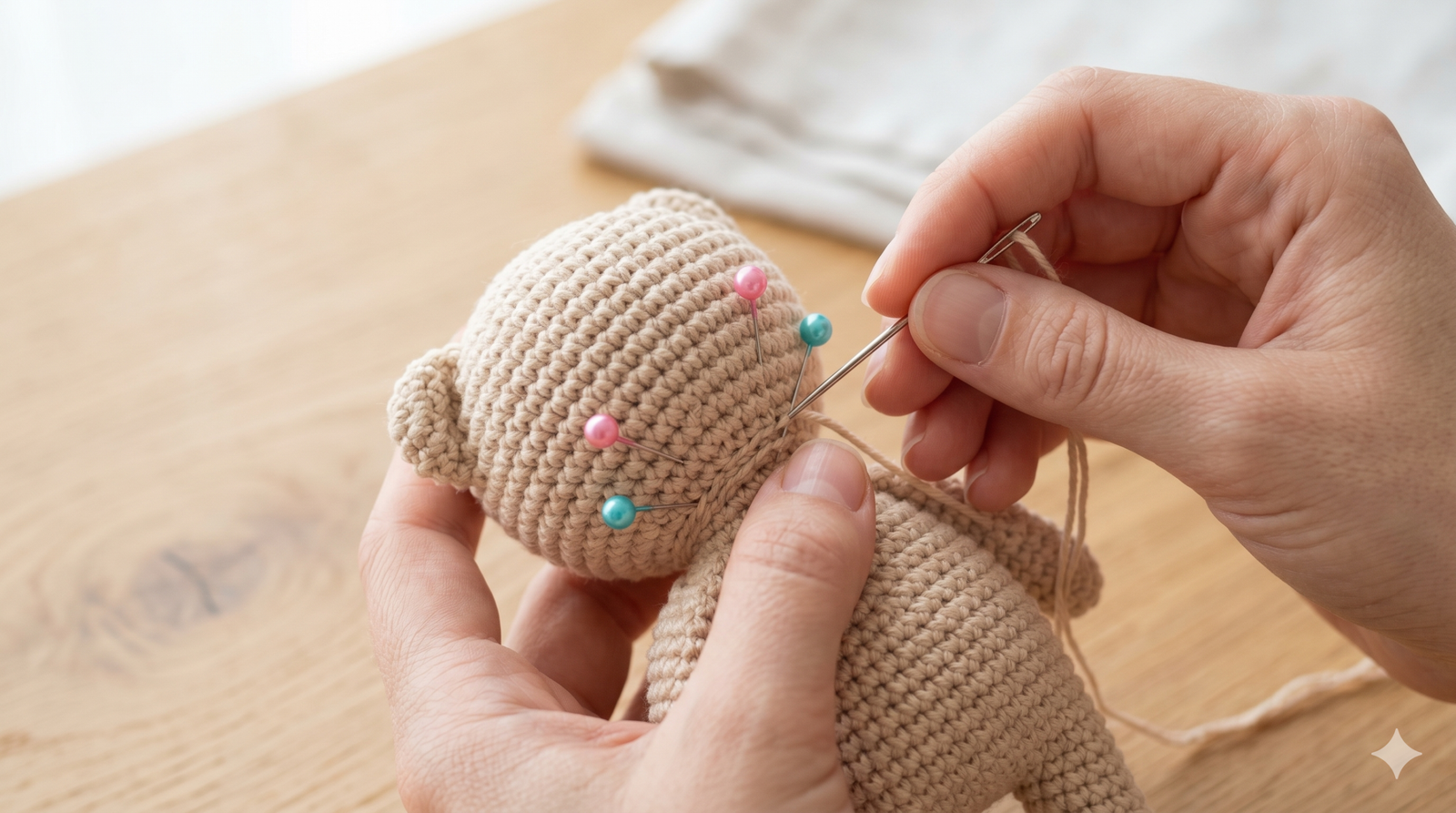 Mãos de uma artesã utilizando uma agulha de tapeceiro prateada para costurar cuidadosamente a cabeça de um pequeno urso amigurumi bege ao seu corpo, com alfinetes coloridos marcando a posição.