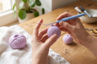 Mãos delicadas segurando uma agulha de crochê ergonômica com cabo de silicone e um novelo de fio de algodão lilás, começando a tecer um amigurumi sobre uma mesa de madeira clara.