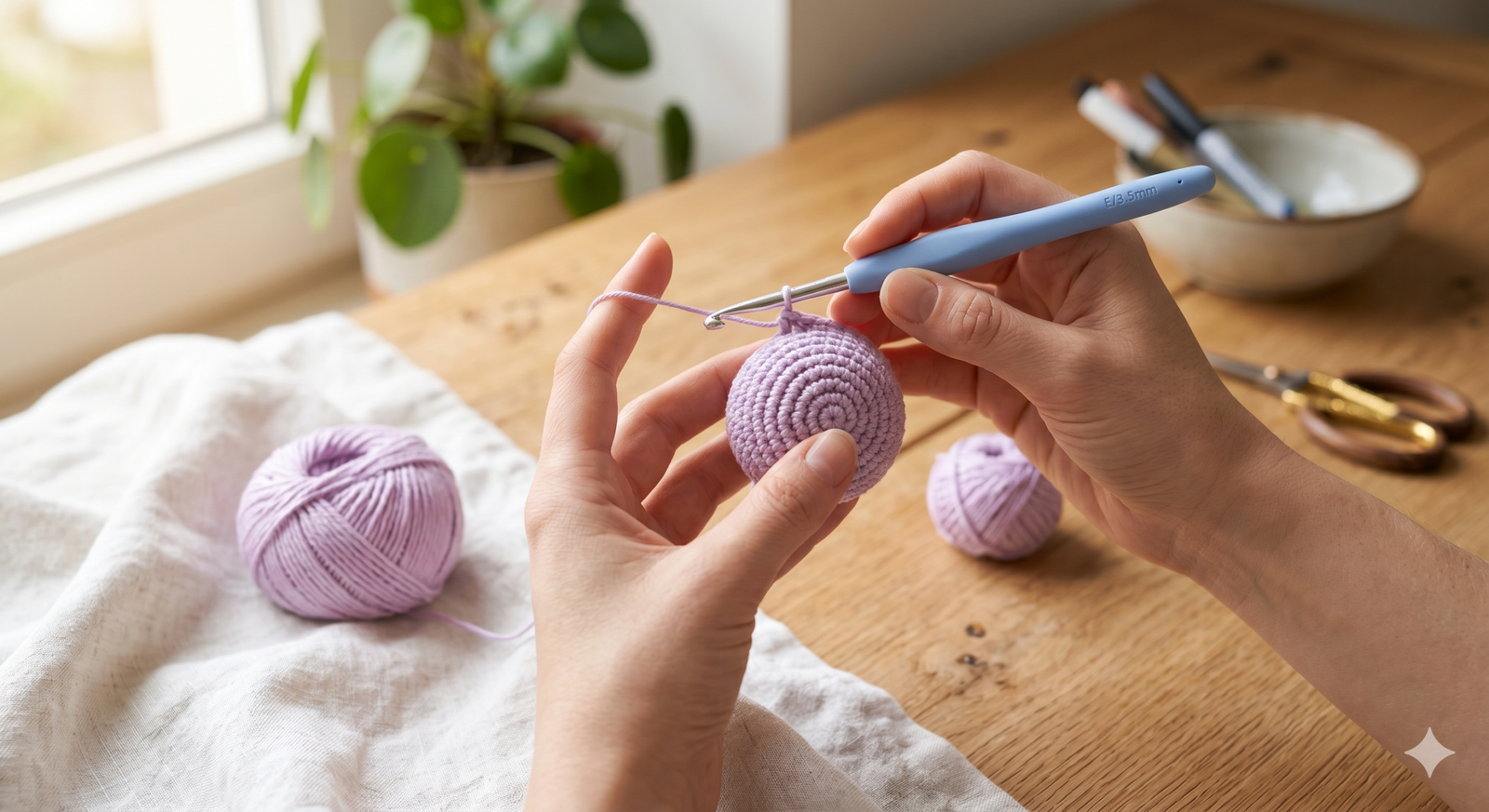 Mãos delicadas segurando uma agulha de crochê ergonômica com cabo de silicone e um novelo de fio de algodão lilás, começando a tecer um amigurumi sobre uma mesa de madeira clara.