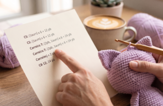 Uma artesã segurando uma agulha de crochê em uma mão e uma folha de papel com uma receita escrita ao lado de um amigurumi de gatinho em progresso.