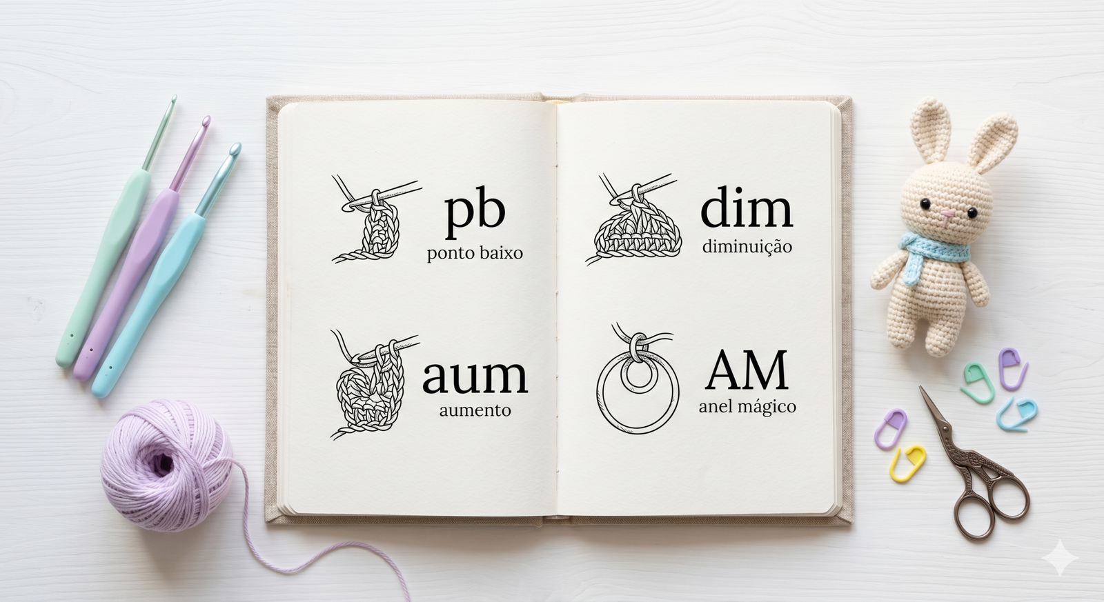 Infográfico educativo com fundo pastel mostrando as principais siglas do crochê (pb, corr, aum, dim) e seus significados para iniciantes.