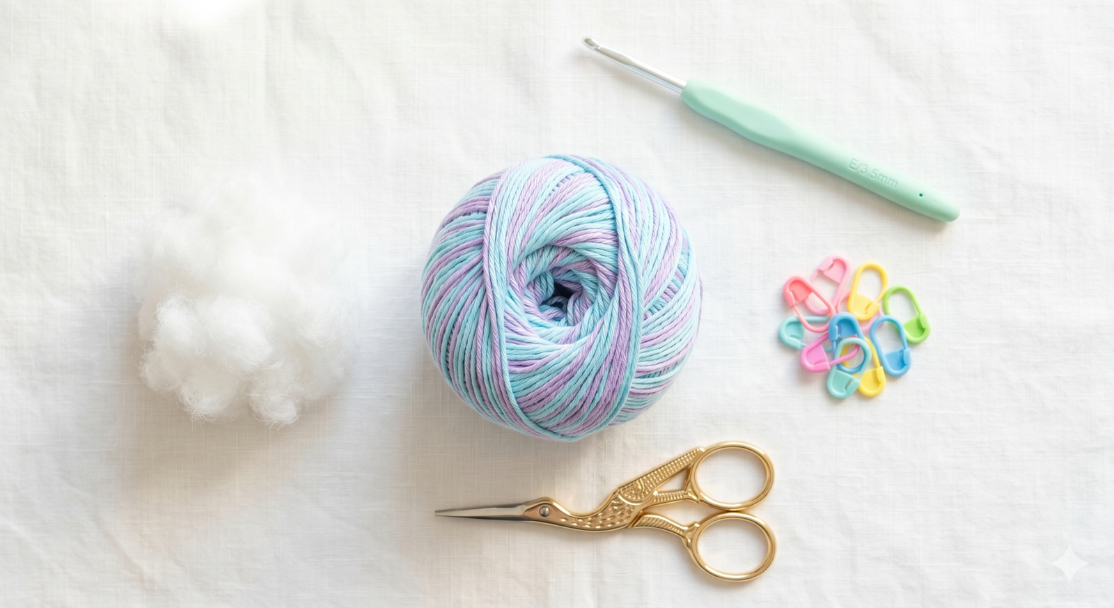 Infográfico estilo flat lay organizado sobre fundo claro mostrando os materiais básicos para amigurumi: fios de algodão, agulha, marcadores de ponto, tesoura e enchimento.