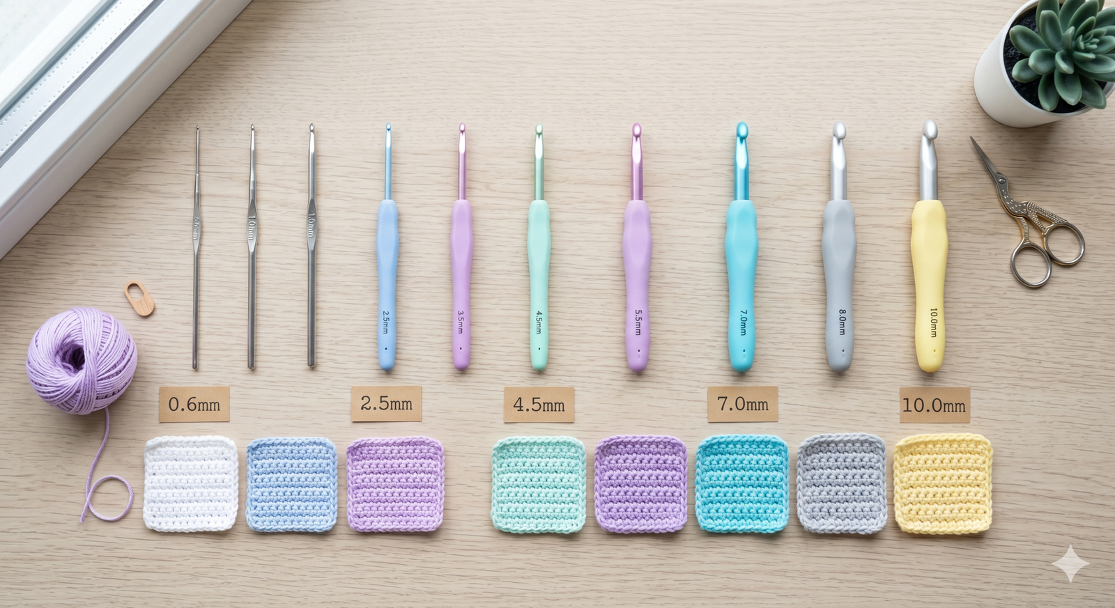 Tabela infográfica colorida em tons de azul e roxo comparando tamanhos de agulhas sugeridos por fabricantes versus tamanhos recomendados para amigurumis.