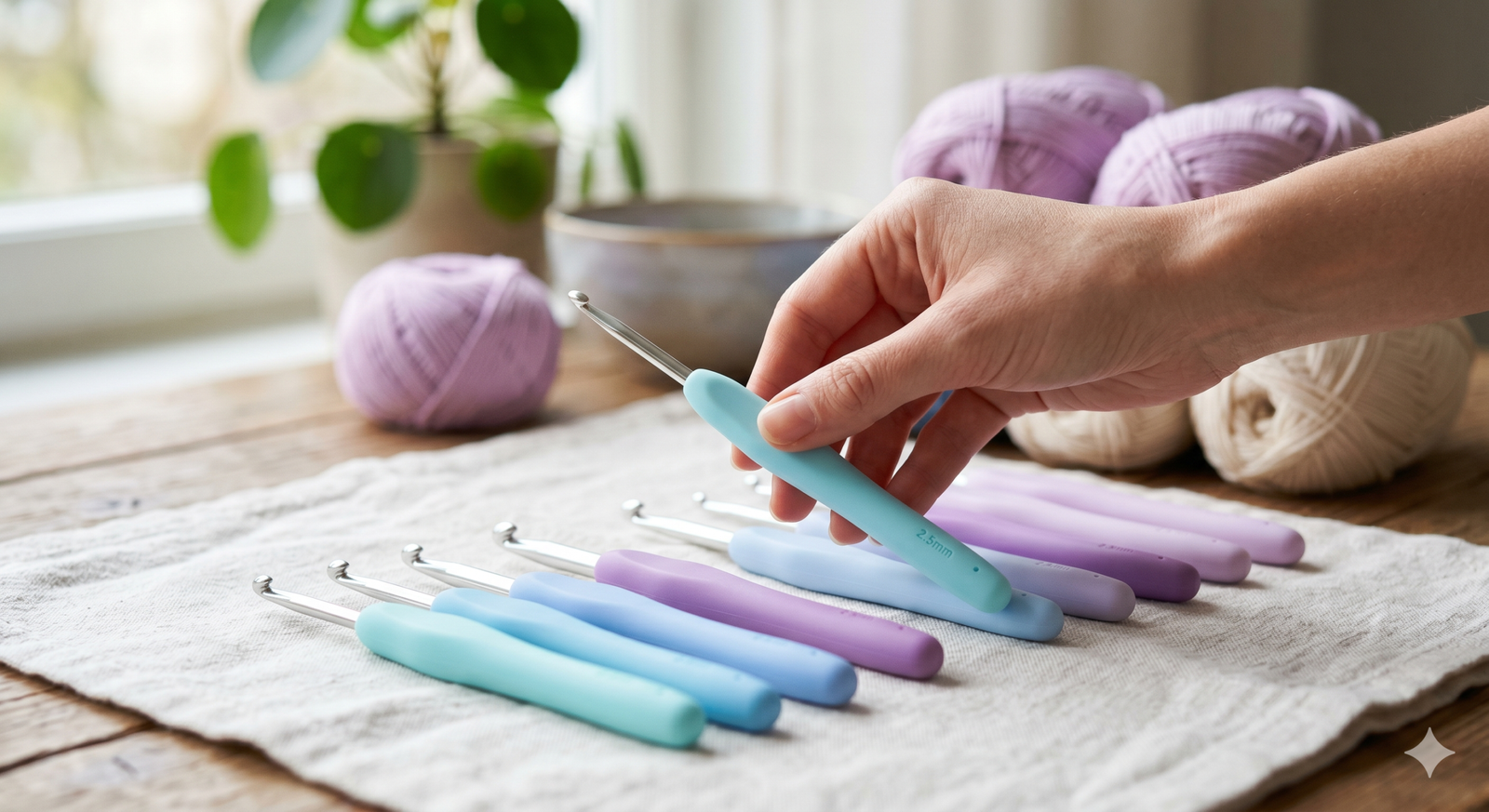 Uma mão feminina segurando uma agulha de crochê ergonômica de cabo azul-ciano sobre um novelo de lã lilás, com outras agulhas de diferentes tamanhos organizadas ao lado sobre uma mesa clara.