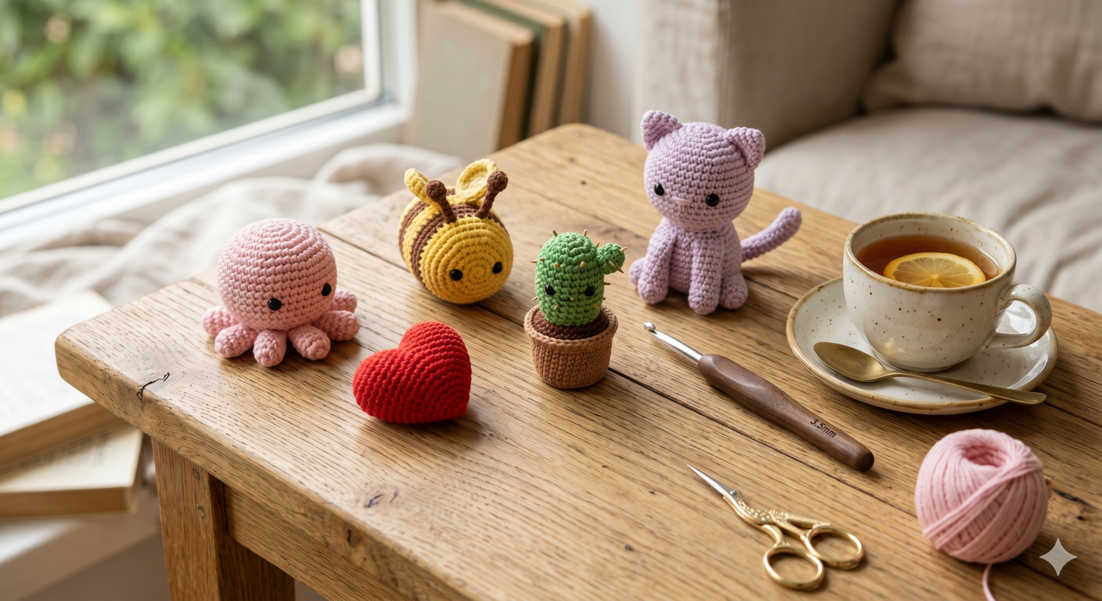 Uma bela composição sobre uma mesa clara mostrando cinco pequenos amigurumis fáceis de fazer: um polvo rosa, um coração vermelho, uma abelhinha amarela, um cacto verde e um gatinho lilás